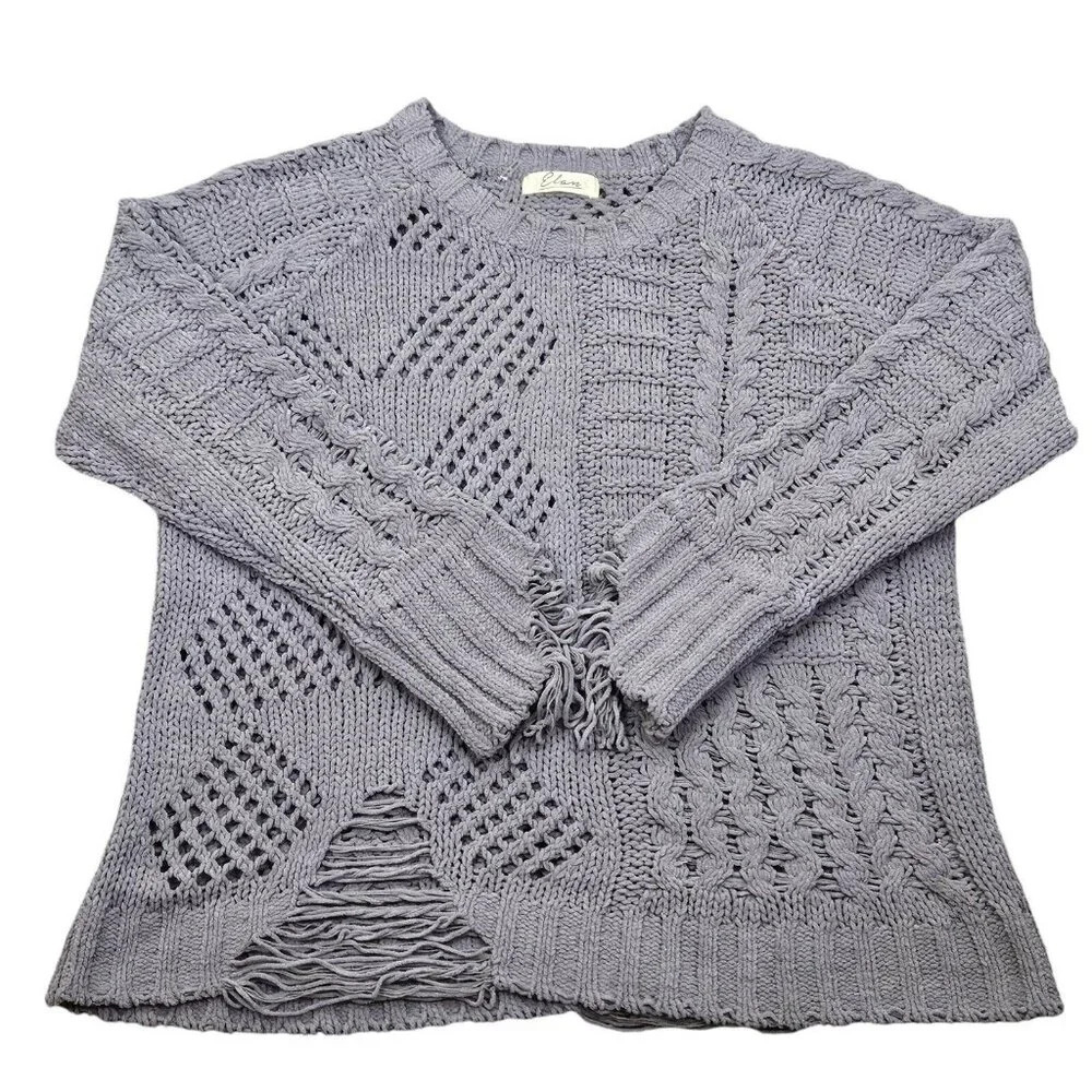 Elan Grey Cable‎ Chunky Knit Fringe Detail Front Sweater Size Medium - Picture 11 of 11